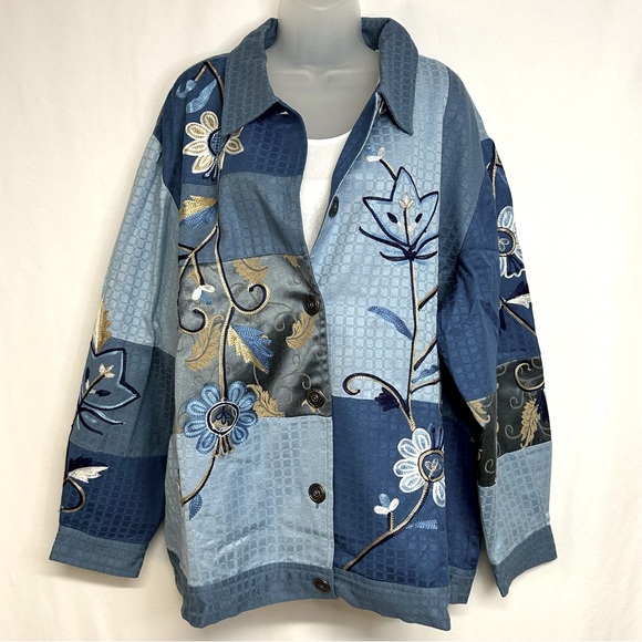 Indigo Moon Jackets & Blazers - Vintage Womens Embroidered Jacket Button Up Floral Blue Plus Size 2X Artsy